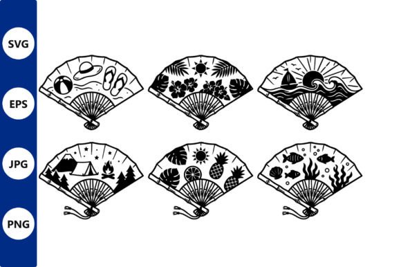 Folding Fan Line Art with Travel Motifs Graphics
