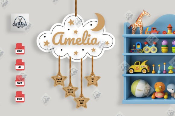 Moon Stars Baby Name Sign Laser Cut Graphics for Crafts